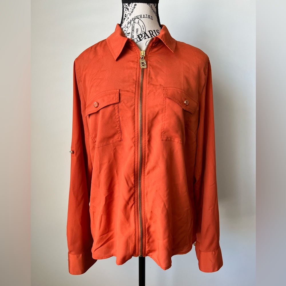 Michael Kors Zip Front Polyester Long Sleeve Burnt Orange‎ size Large Blouse
